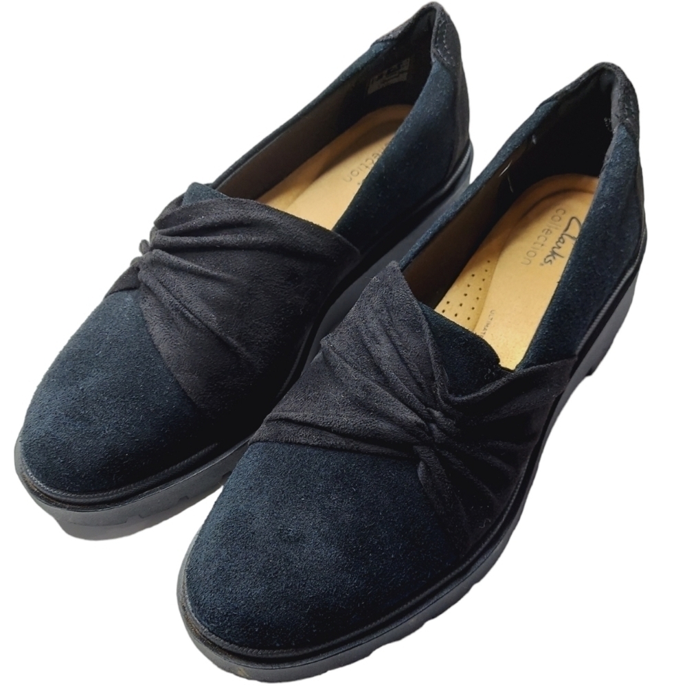 Clarks Women's Calla Style Slip-On Shoes Black Suede Leather Size 10 Loafers NEW